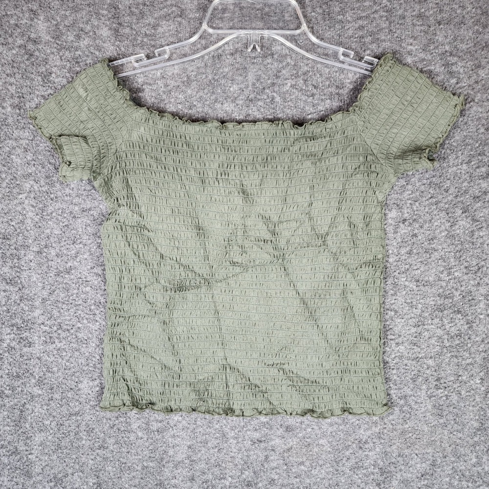 Hollister Top Womens L Smocked Off the Shoulder Olive Green Cropped EUC